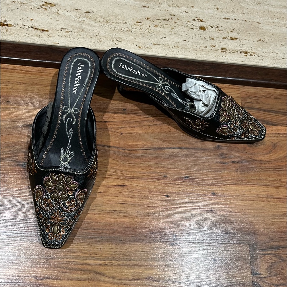 New Black Embellished Mules